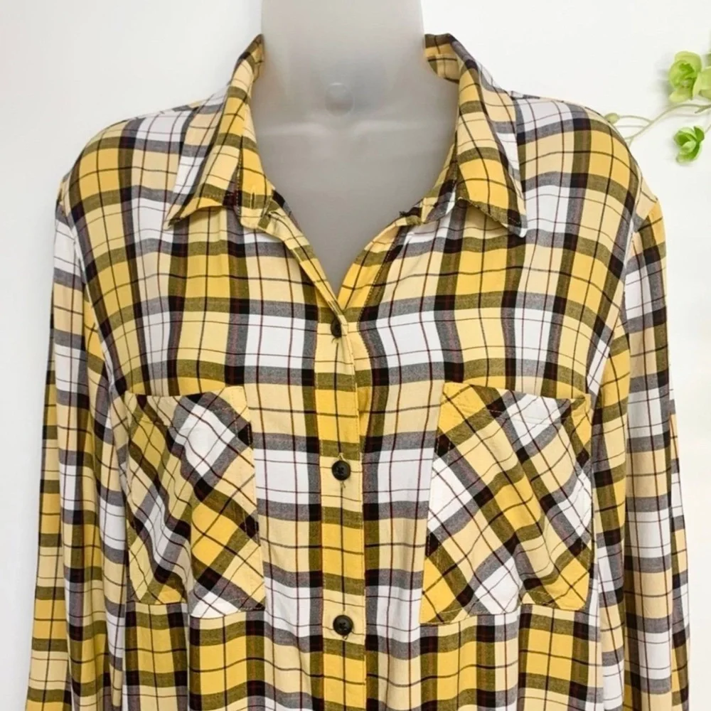 Sanctuary yellow and white plaid long sleeve button down shirt, worn once - Picture 3 of 7